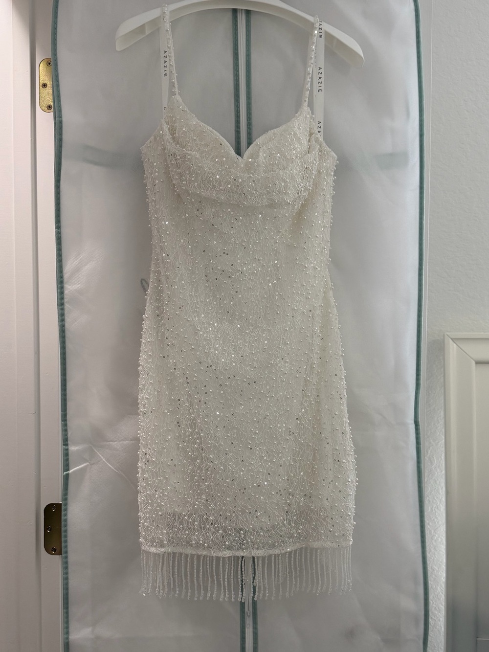 Azazie White Beaded Mini Dress with Fringe Hem